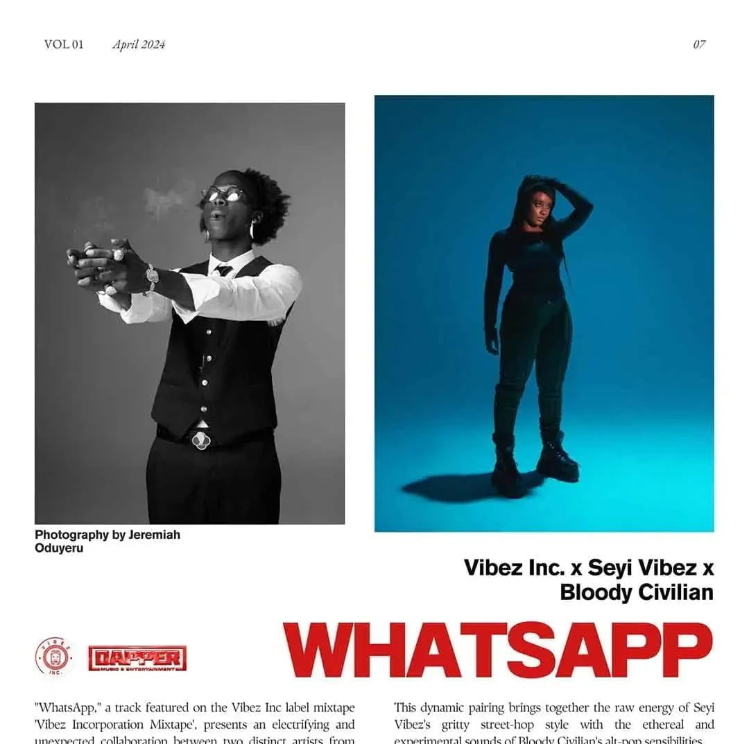 Vibez Inc – WhatsApp ft. Seyi Vibez & Bloody Civilian featured image Vibez Inc – WhatsApp ft. Seyi Vibez & Bloody Civilian – Vibez Inc WhatsApp ft Seyi Vibez Bloody Civilian2